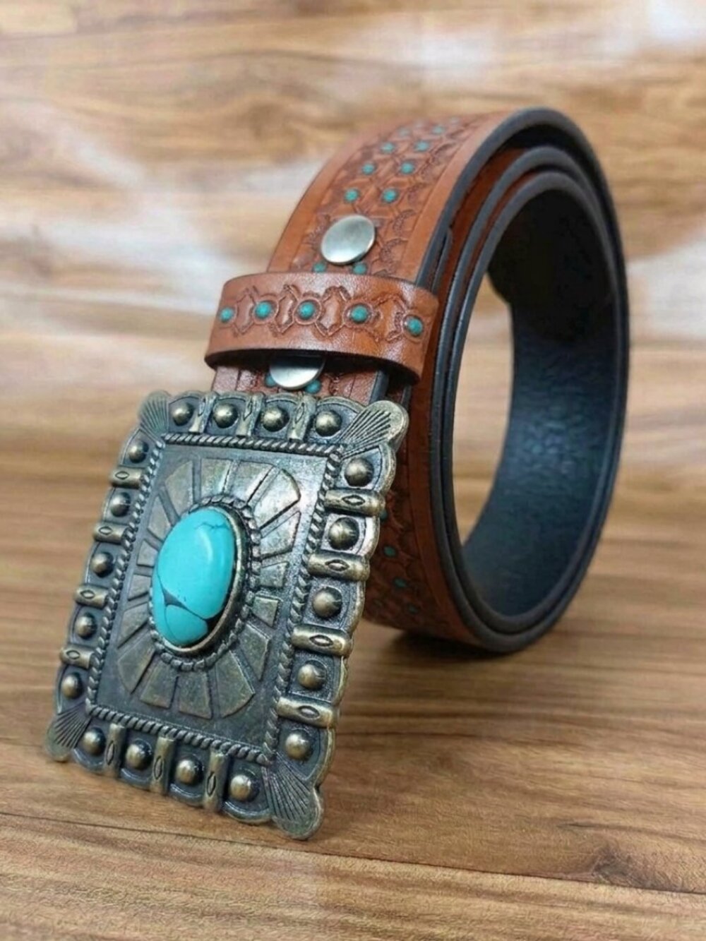 Western Honeycomb Tooled belt, Leather Embossed Belt with Turquoise Dots, Unisex - Picture 2 of 12